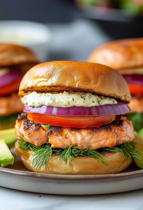 Grilled Salmon Burgers with Lemon Garlic Aioli Recipe